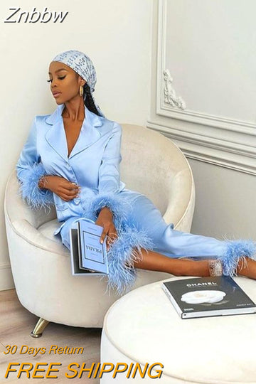 Znbbw Satin Feather Women 2 Piece Set Fashion Long Sleeve Bowknot Up Long Blouse Female Shirt Tops Wide Leg Pants Suit Outfits